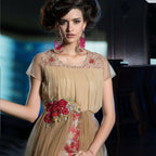 Beige Net Floral Embroidered A-line Kurti - Missy | Grocsy