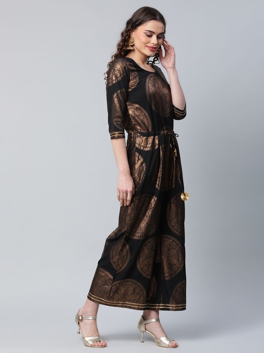 Ahalyaa Black Crepe Copper Foil Printed Jumpsuit | Grocsy