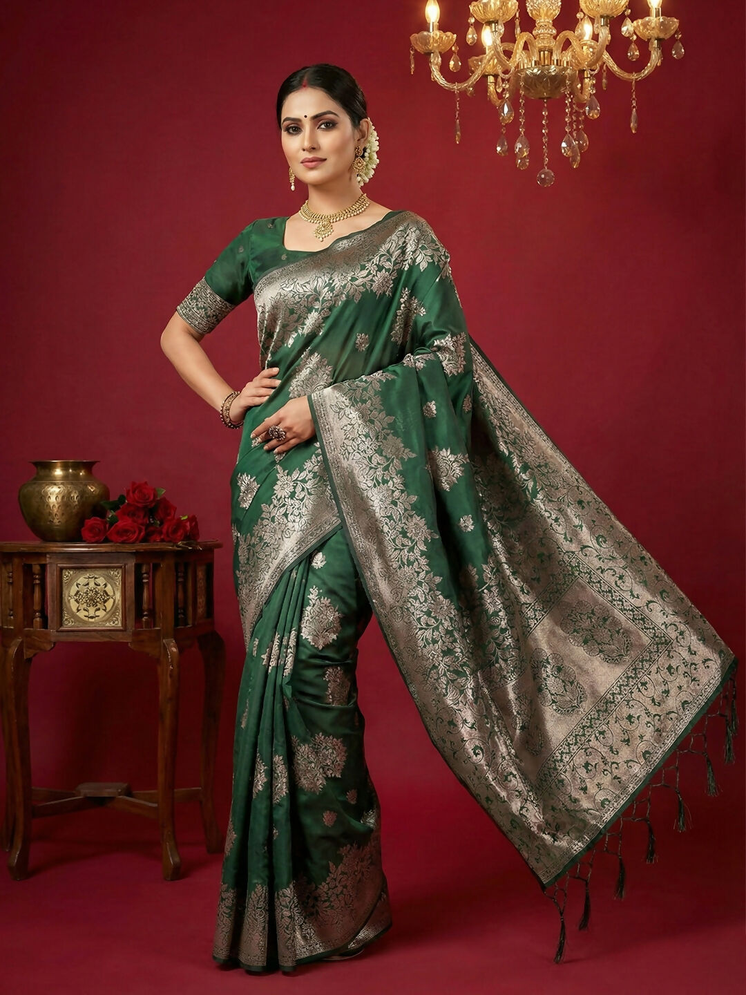 Shree Shyam Fashion Dark Green Silk Blend Saree | Grocsy