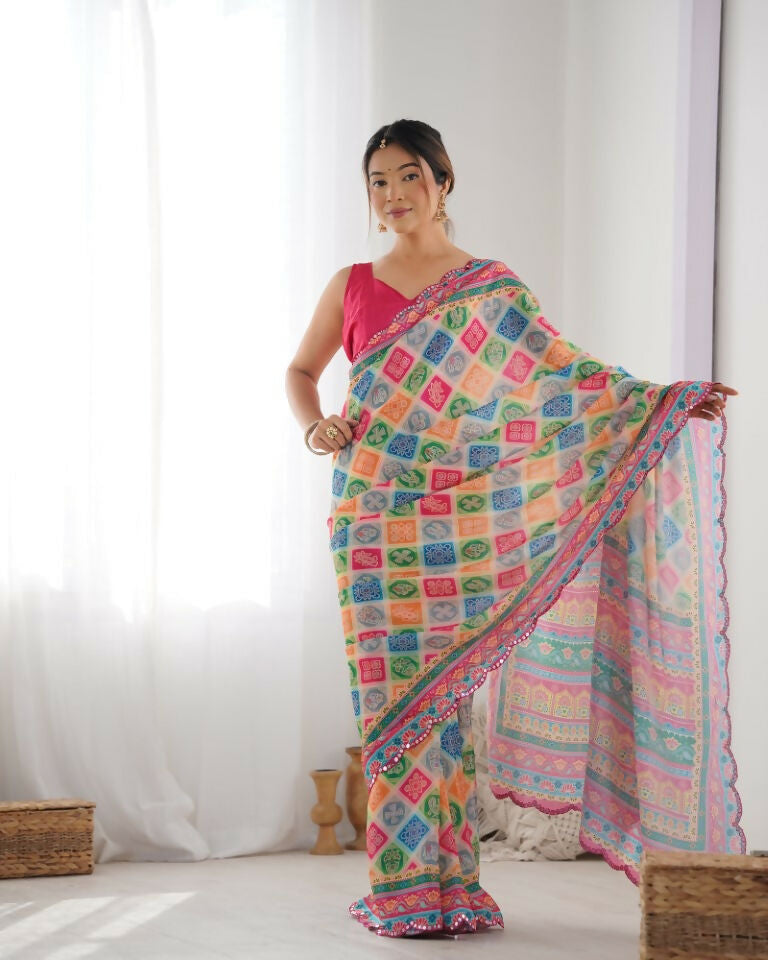 Multy Chinon Designer Digital Printed & Mirror Cut Work Saree - Kriti | Grocsy