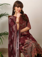 Embroidered & Printed Kurta With Palazzo & Printed Dupatta, Maroon - Hiral Fashion | Grocsy