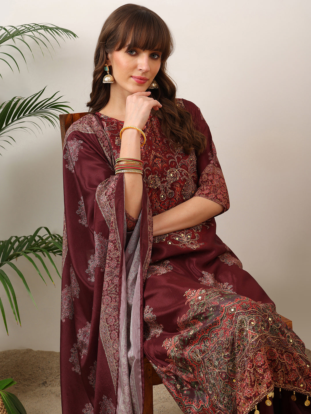 Embroidered & Printed Kurta With Palazzo & Printed Dupatta, Maroon - Hiral Fashion | Grocsy