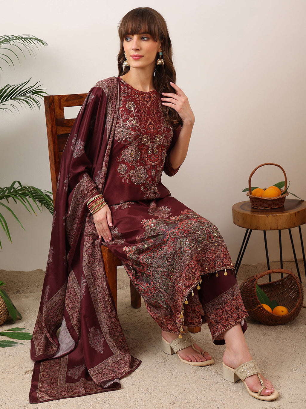 Embroidered & Printed Kurta With Palazzo & Printed Dupatta, Maroon - Hiral Fashion | Grocsy