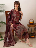 Embroidered & Printed Kurta With Palazzo & Printed Dupatta, Maroon - Hiral Fashion | Grocsy