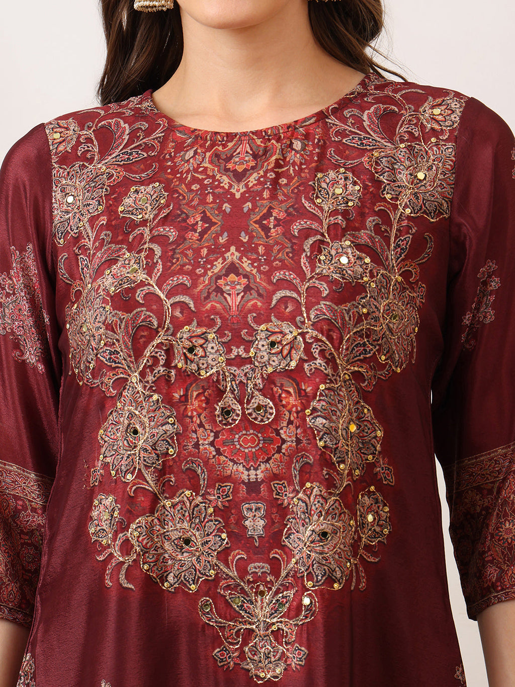 Embroidered & Printed Kurta With Palazzo & Printed Dupatta, Maroon - Hiral Fashion | Grocsy