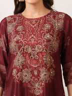 Embroidered & Printed Kurta With Palazzo & Printed Dupatta, Maroon - Hiral Fashion | Grocsy