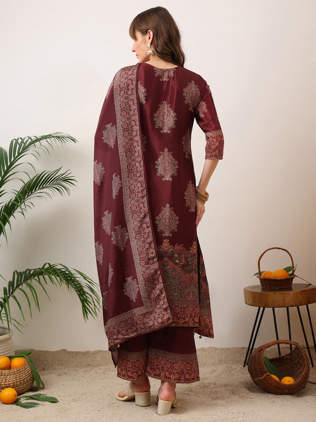 Embroidered & Printed Kurta With Palazzo & Printed Dupatta, Maroon - Hiral Fashion | Grocsy