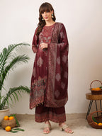 Embroidered & Printed Kurta With Palazzo & Printed Dupatta, Maroon - Hiral Fashion | Grocsy
