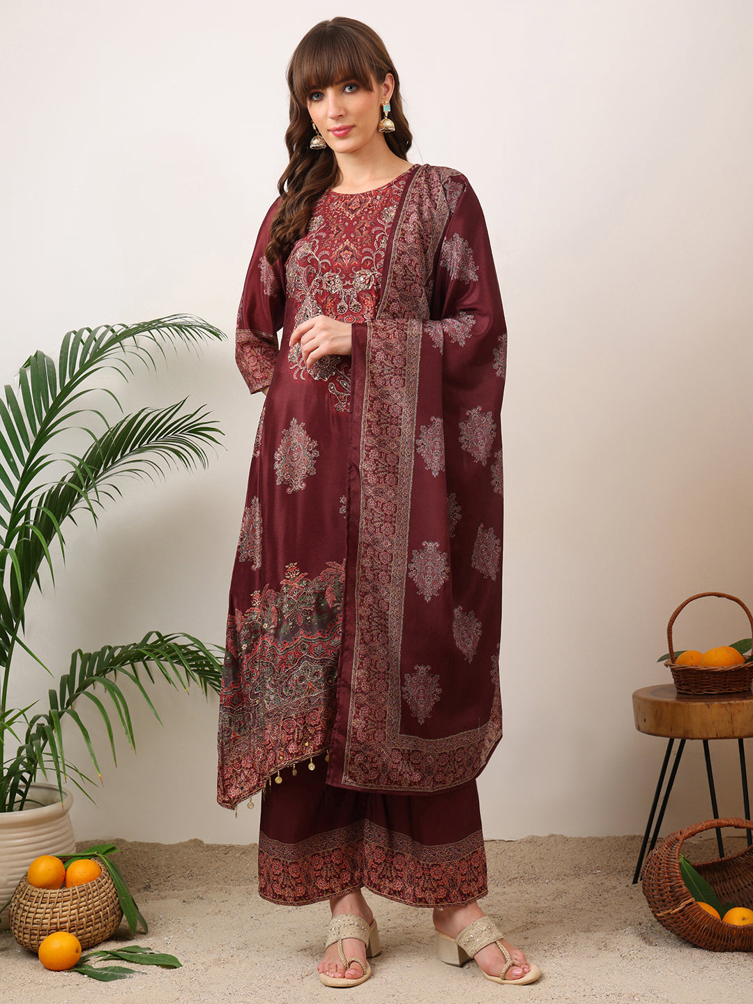 Embroidered & Printed Kurta With Palazzo & Printed Dupatta, Maroon - Hiral Fashion | Grocsy