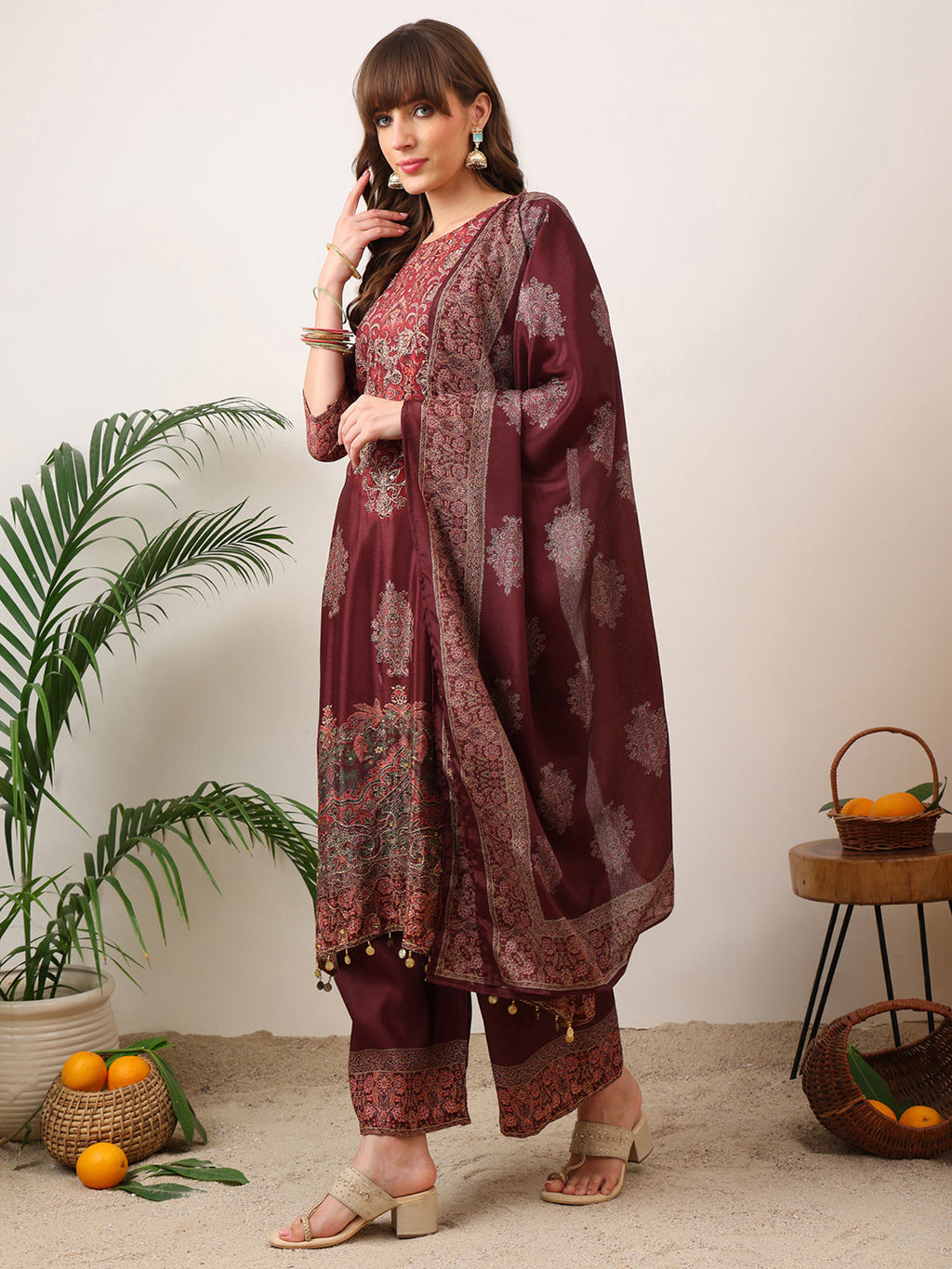 Embroidered & Printed Kurta With Palazzo & Printed Dupatta, Maroon - Hiral Fashion | Grocsy