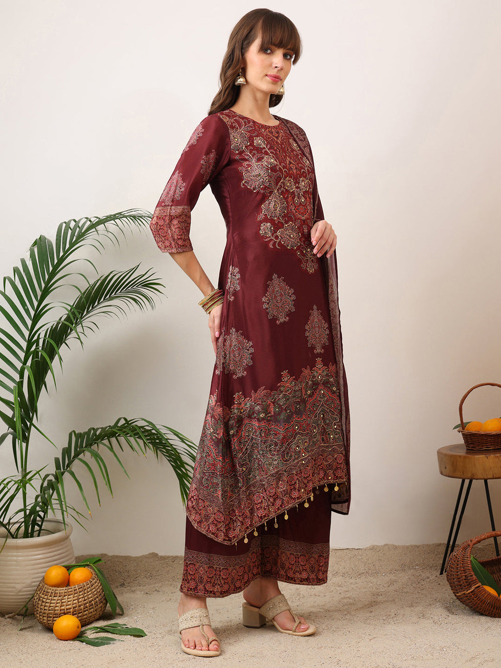 Embroidered & Printed Kurta With Palazzo & Printed Dupatta, Maroon - Hiral Fashion | Grocsy