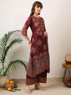Embroidered & Printed Kurta With Palazzo & Printed Dupatta, Maroon - Hiral Fashion | Grocsy