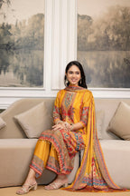 Embroidered & Printed Kurta With Palazzo & Printed Dupatta, Mustard - Hiral Fashion | Grocsy