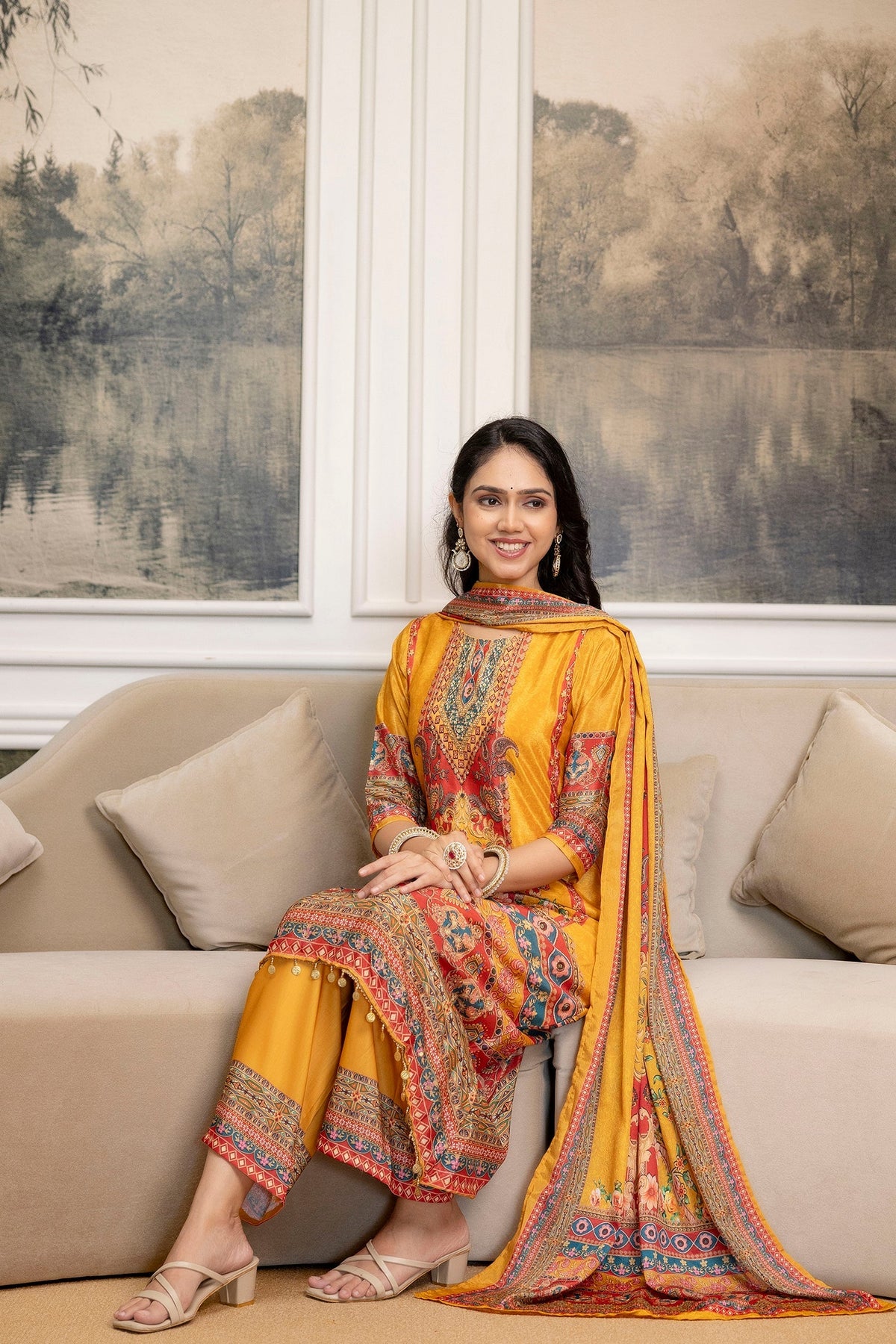 Embroidered & Printed Kurta With Palazzo & Printed Dupatta, Mustard - Hiral Fashion | Grocsy