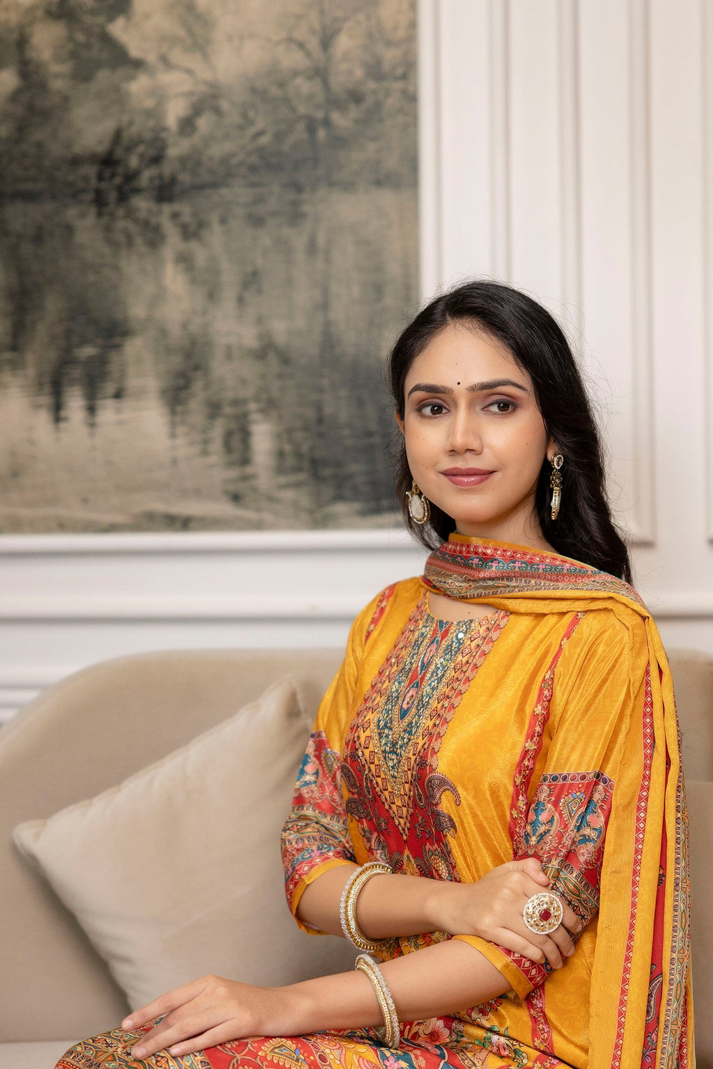 Embroidered & Printed Kurta With Palazzo & Printed Dupatta, Mustard - Hiral Fashion | Grocsy