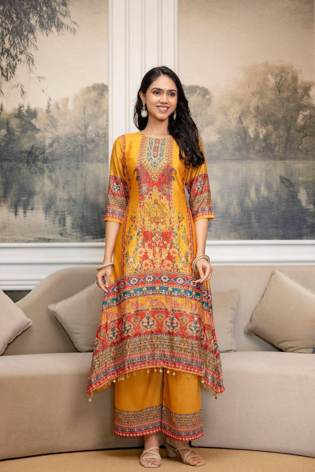 Embroidered & Printed Kurta With Palazzo & Printed Dupatta, Mustard - Hiral Fashion | Grocsy