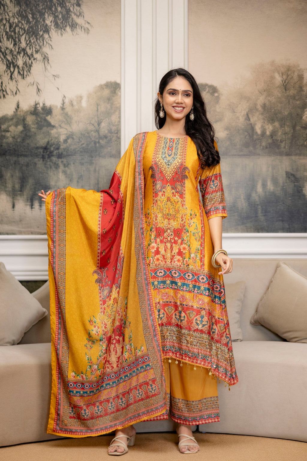 Embroidered & Printed Kurta With Palazzo & Printed Dupatta, Mustard - Hiral Fashion | Grocsy