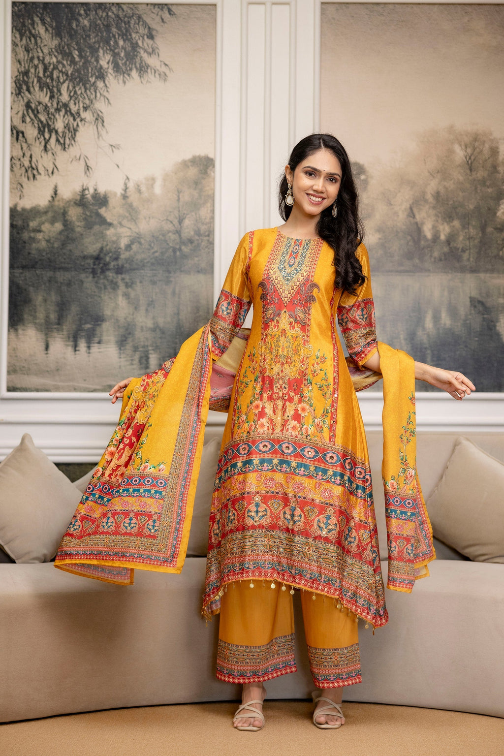 Embroidered & Printed Kurta With Palazzo & Printed Dupatta, Mustard - Hiral Fashion | Grocsy