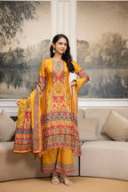 Embroidered & Printed Kurta With Palazzo & Printed Dupatta, Mustard - Hiral Fashion | Grocsy