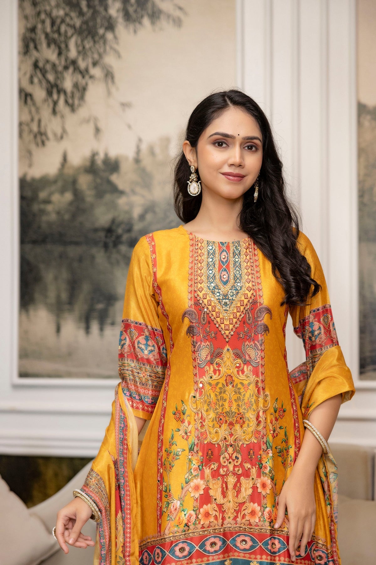 Embroidered & Printed Kurta With Palazzo & Printed Dupatta, Mustard - Hiral Fashion | Grocsy