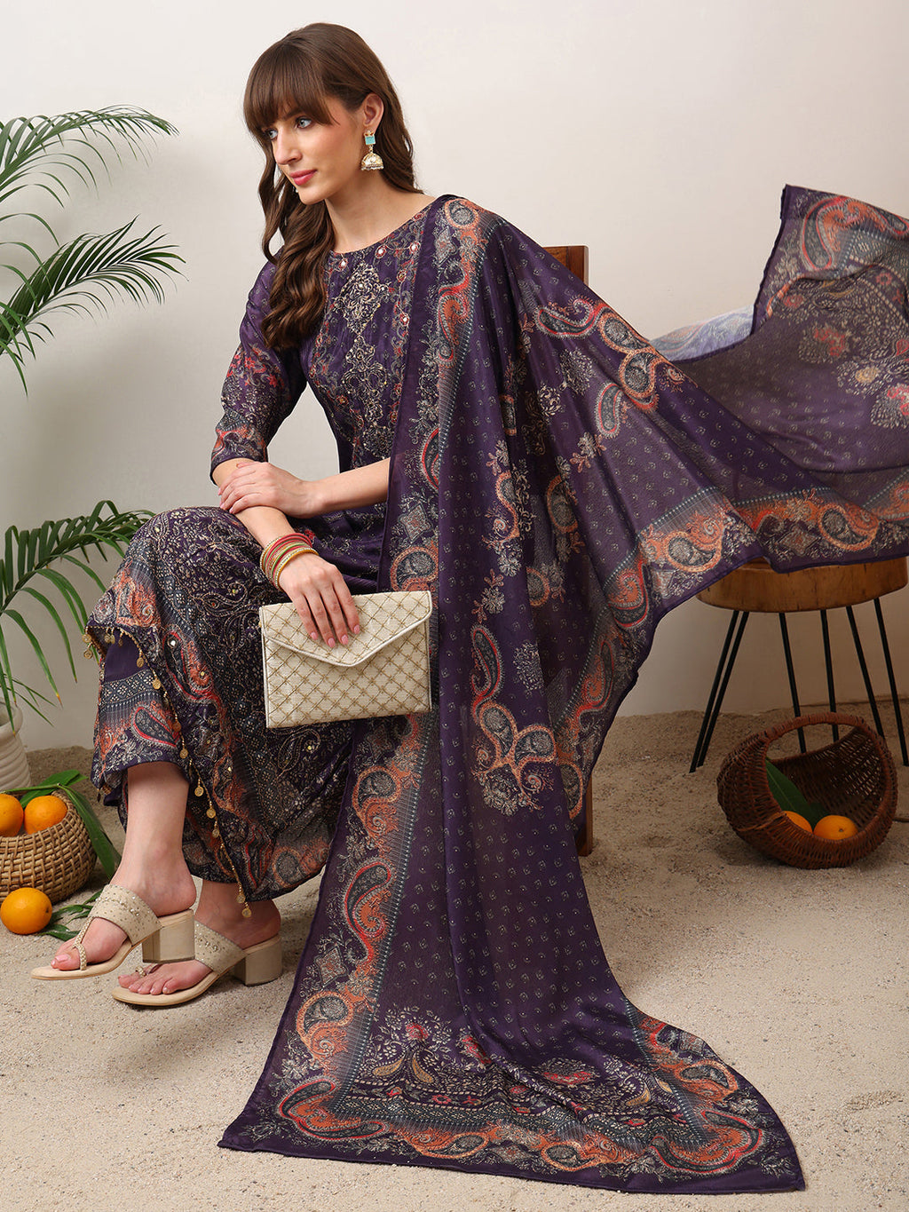 Embroidered & Printed Kurta With Palazzo & Printed Dupatta, Purple - Hiral Fashion | Grocsy