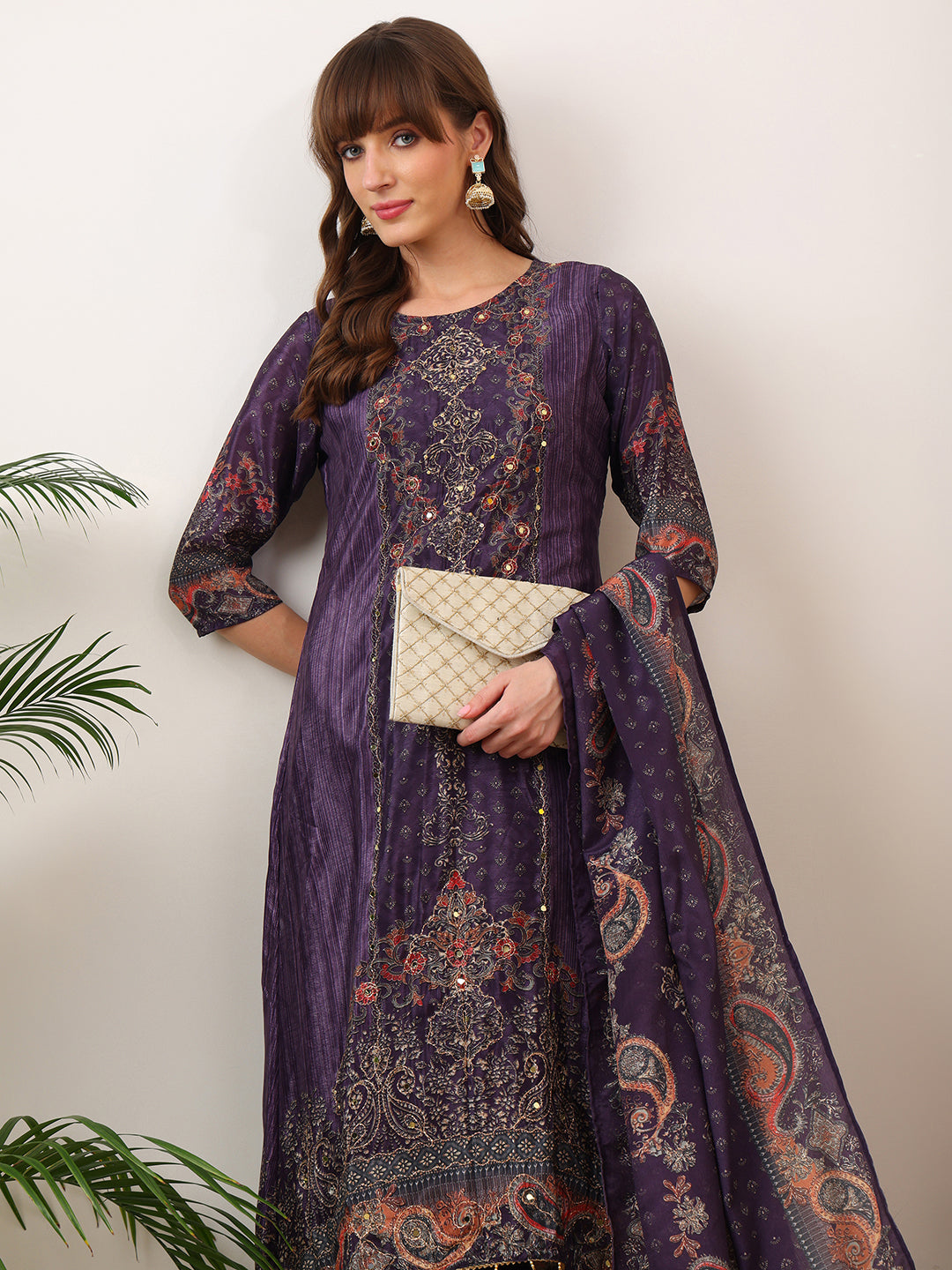 Embroidered & Printed Kurta With Palazzo & Printed Dupatta, Purple - Hiral Fashion | Grocsy