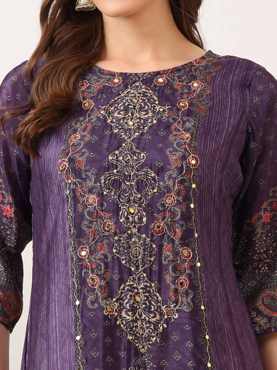 Embroidered & Printed Kurta With Palazzo & Printed Dupatta, Purple - Hiral Fashion | Grocsy