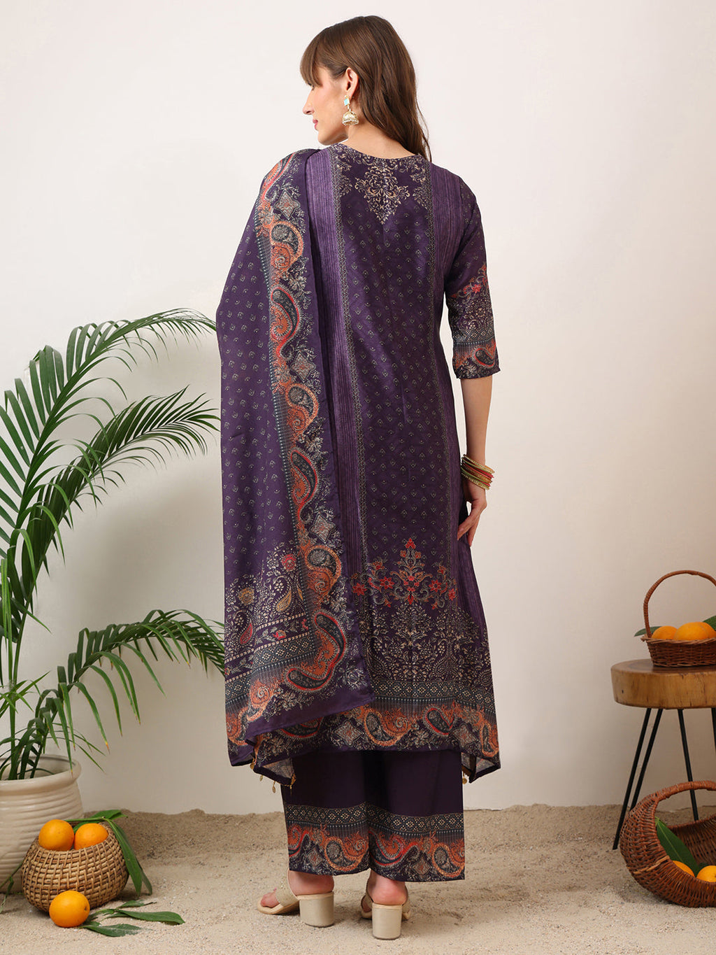 Embroidered & Printed Kurta With Palazzo & Printed Dupatta, Purple - Hiral Fashion | Grocsy