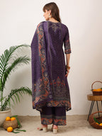 Embroidered & Printed Kurta With Palazzo & Printed Dupatta, Purple - Hiral Fashion | Grocsy