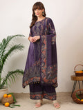 Embroidered & Printed Kurta With Palazzo & Printed Dupatta, Purple - Hiral Fashion | Grocsy