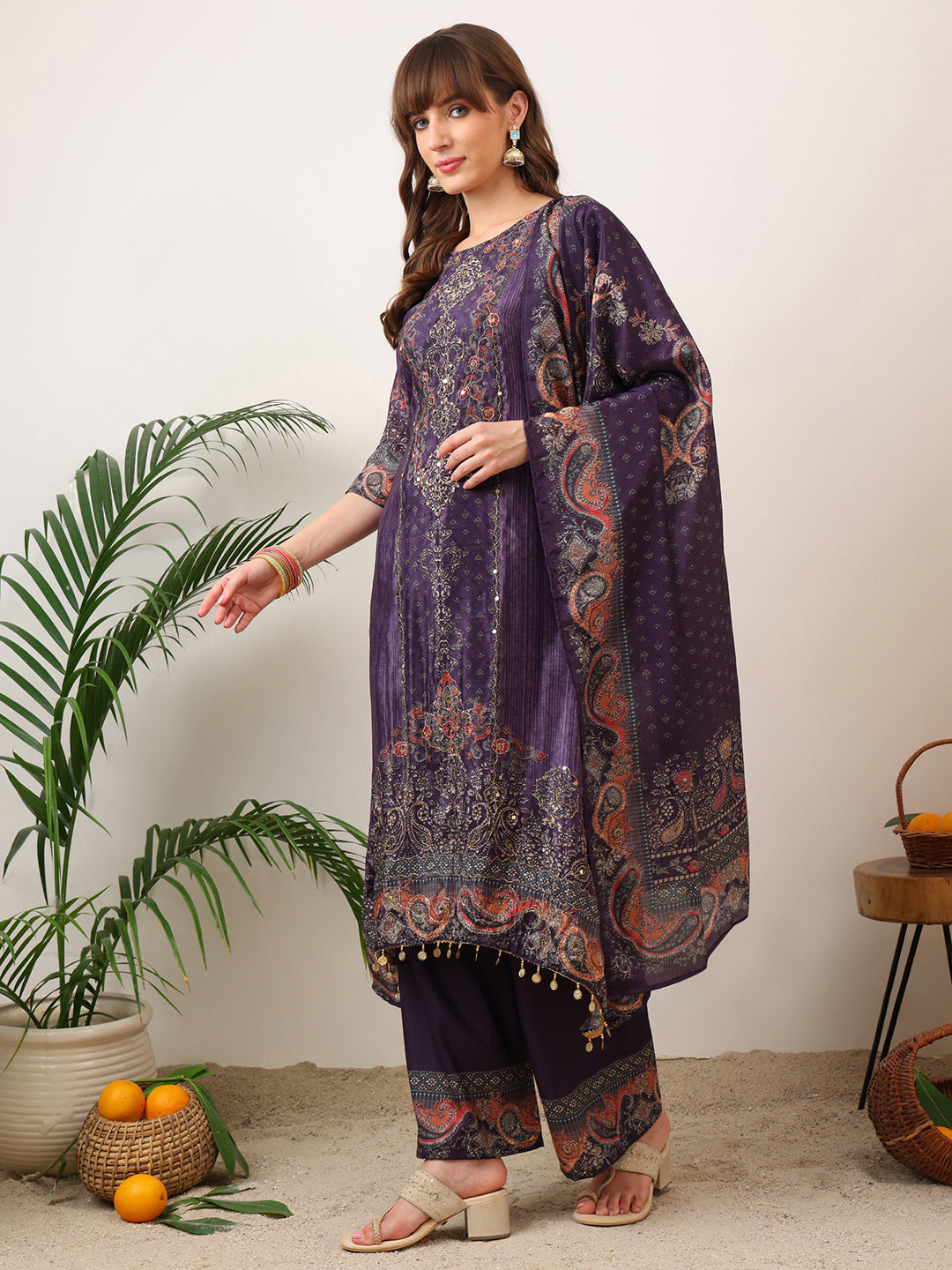 Embroidered & Printed Kurta With Palazzo & Printed Dupatta, Purple - Hiral Fashion | Grocsy