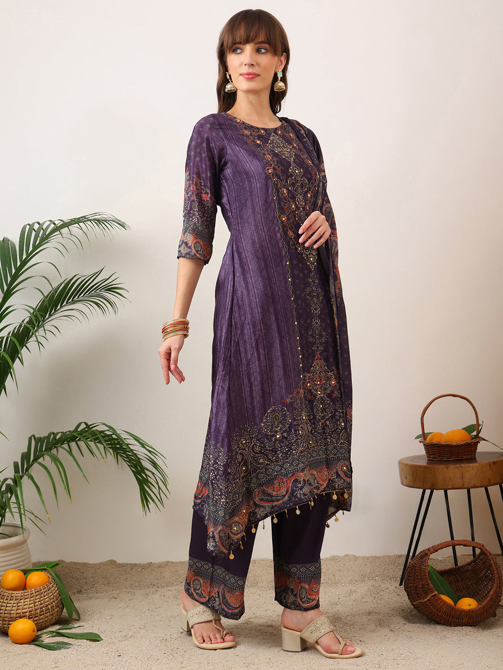 Embroidered & Printed Kurta With Palazzo & Printed Dupatta, Purple - Hiral Fashion | Grocsy