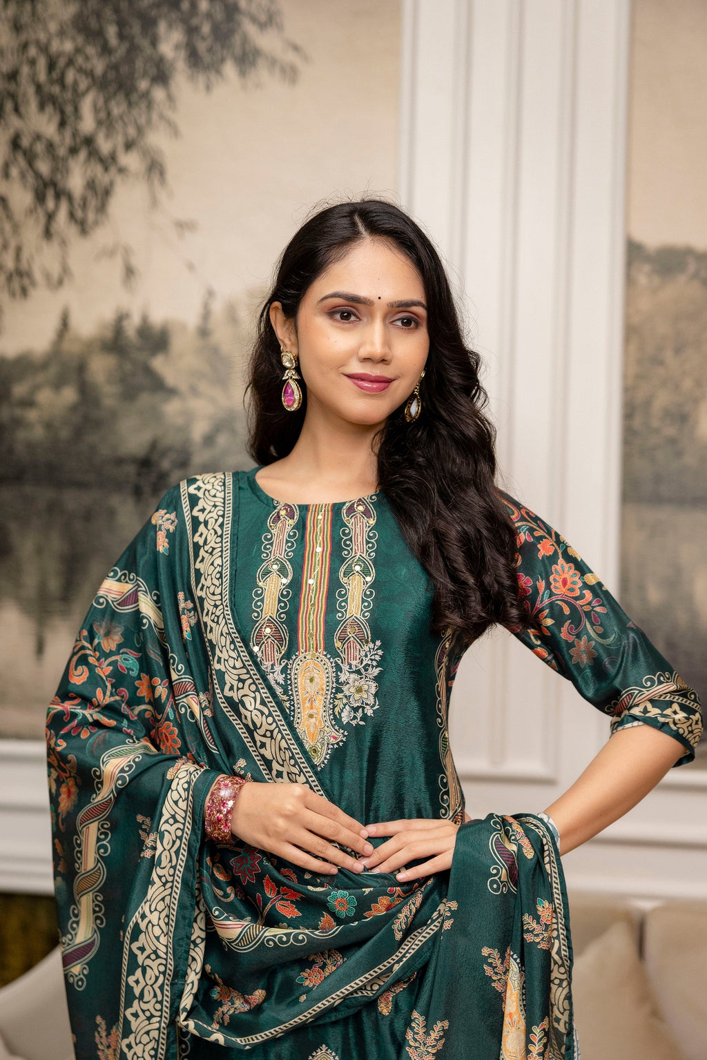 Embroidered & Printed Kurta With Palazzo & Printed Dupatta, Teal - Hiral Fashion | Grocsy