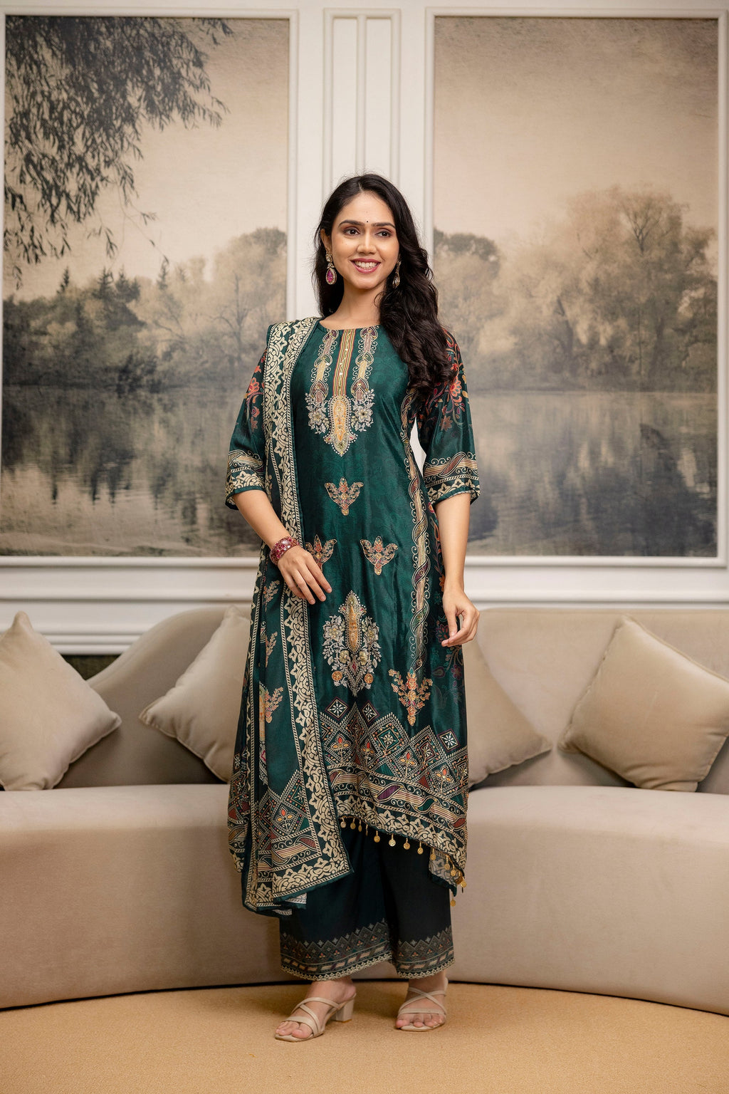 Embroidered & Printed Kurta With Palazzo & Printed Dupatta, Teal - Hiral Fashion | Grocsy