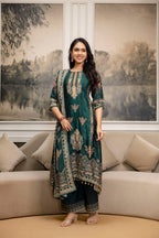 Embroidered & Printed Kurta With Palazzo & Printed Dupatta, Teal - Hiral Fashion | Grocsy