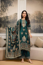 Embroidered & Printed Kurta With Palazzo & Printed Dupatta, Teal - Hiral Fashion | Grocsy
