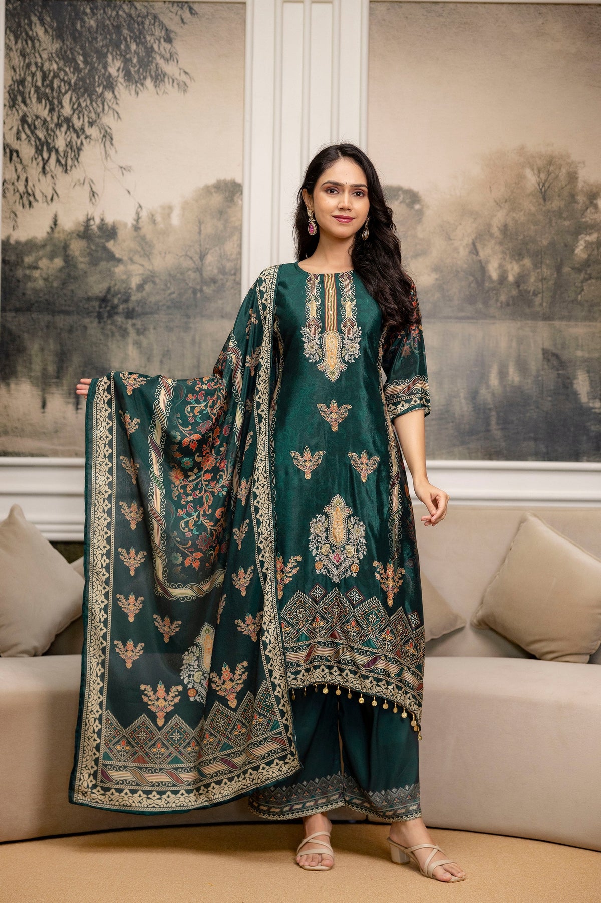 Embroidered & Printed Kurta With Palazzo & Printed Dupatta, Teal - Hiral Fashion | Grocsy