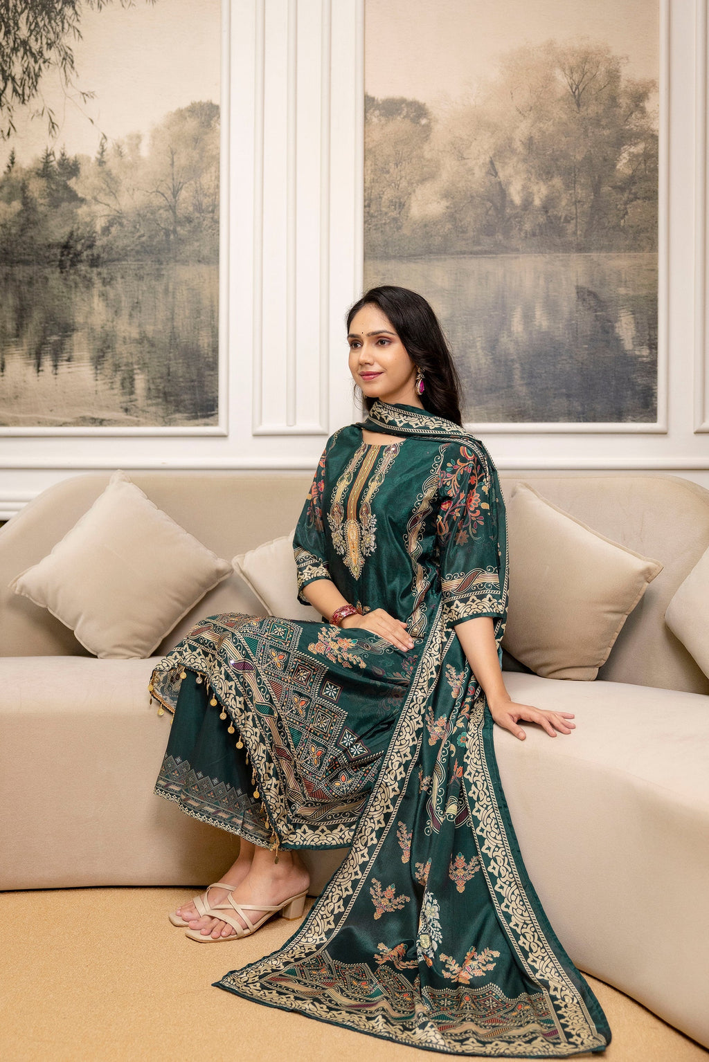 Embroidered & Printed Kurta With Palazzo & Printed Dupatta, Teal - Hiral Fashion | Grocsy