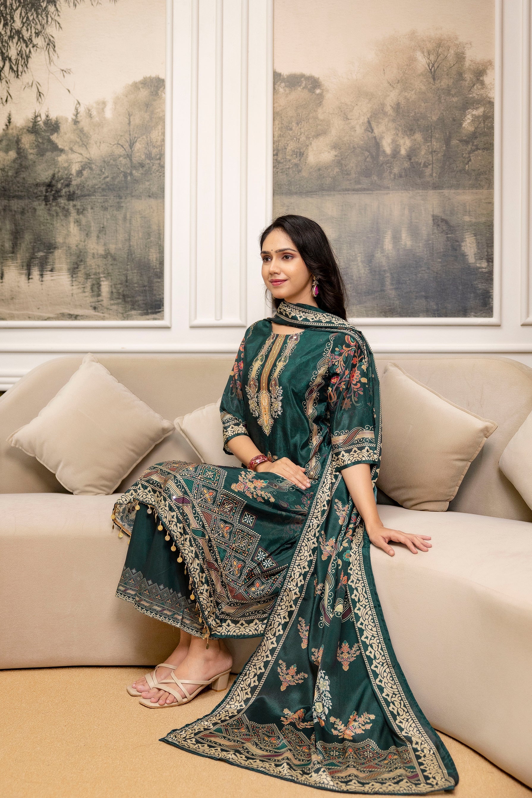 Embroidered & Printed Kurta With Palazzo & Printed Dupatta, Teal - Hiral Fashion | Grocsy