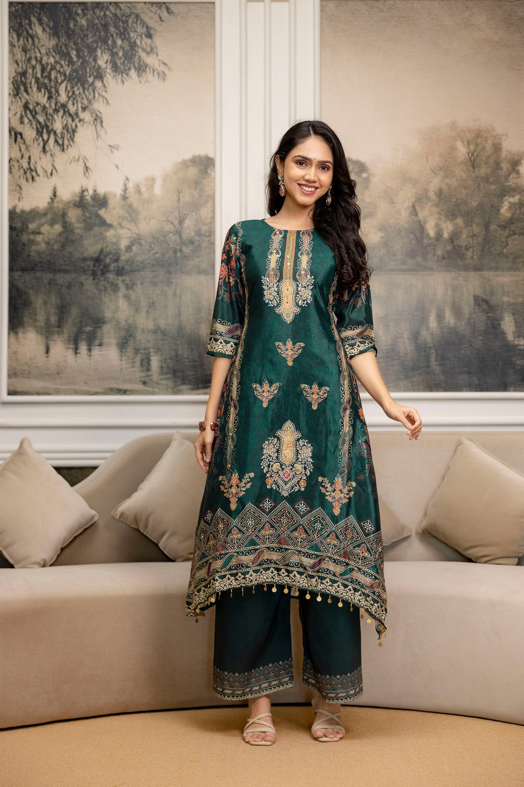 Embroidered & Printed Kurta With Palazzo & Printed Dupatta, Teal - Hiral Fashion | Grocsy