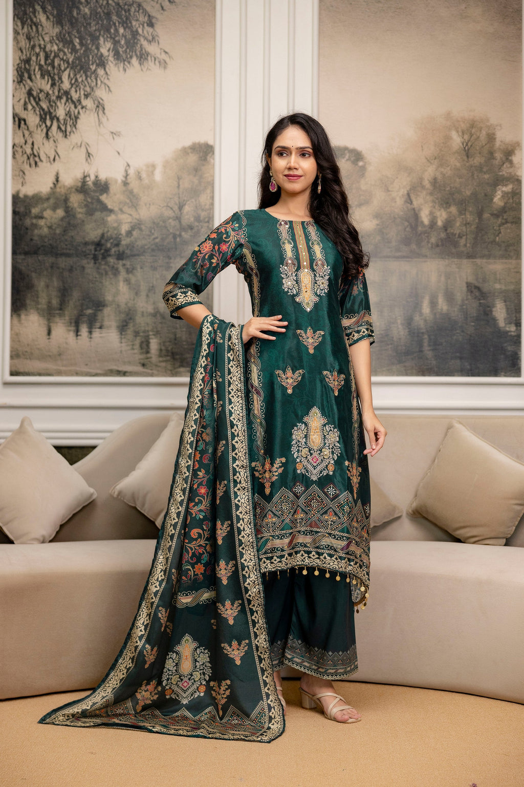 Embroidered & Printed Kurta With Palazzo & Printed Dupatta, Teal - Hiral Fashion | Grocsy