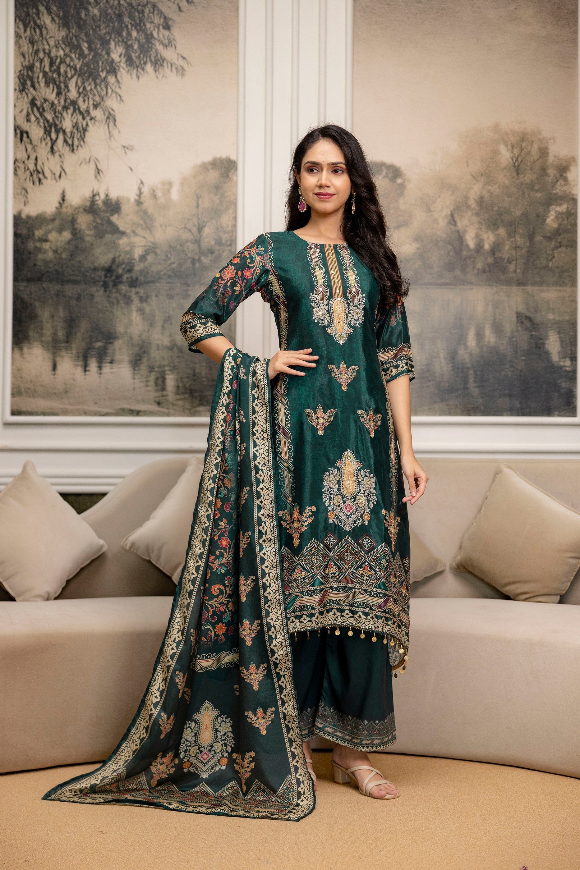 Embroidered & Printed Kurta With Palazzo & Printed Dupatta, Teal - Hiral Fashion | Grocsy