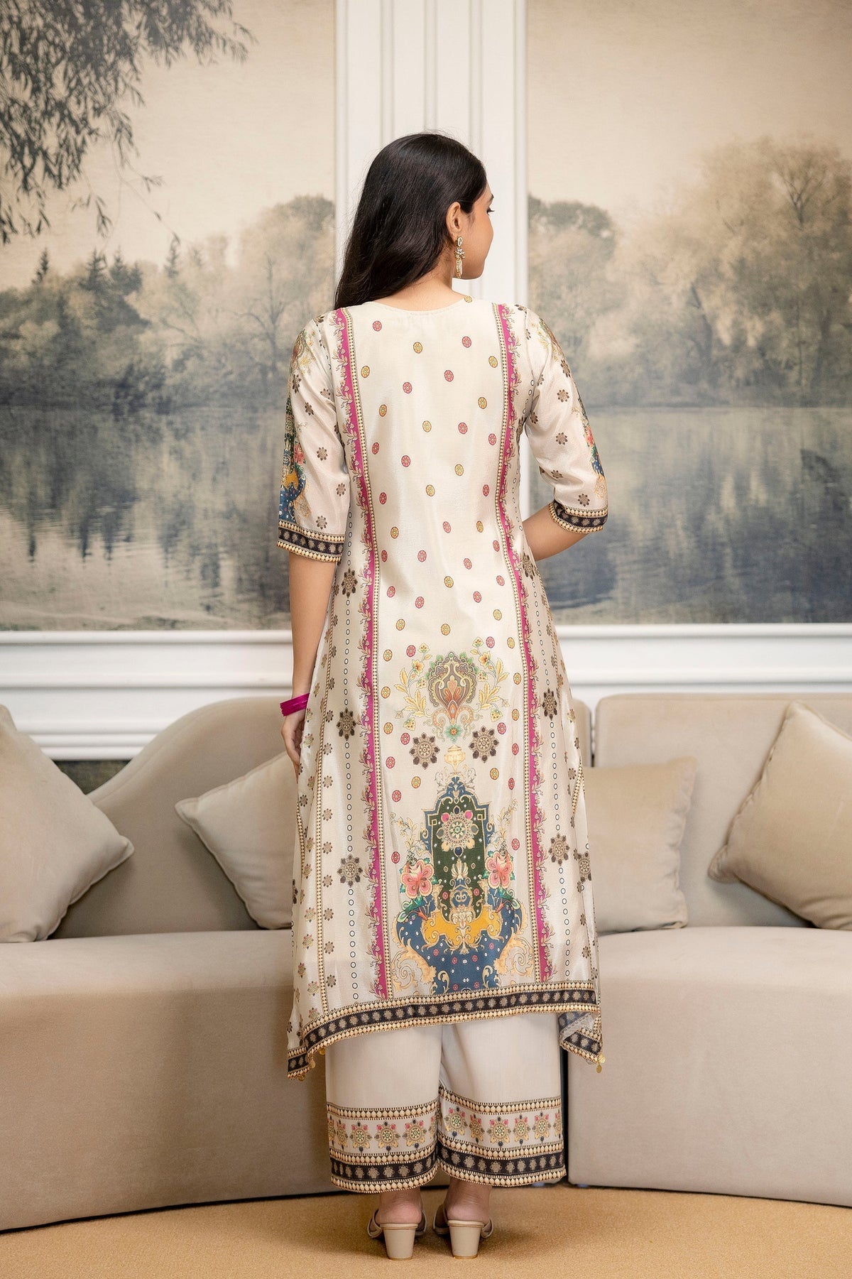 Embroidered & Printed Kurta With Palazzo & Printed Dupatta, White - Hiral Fashion | Grocsy