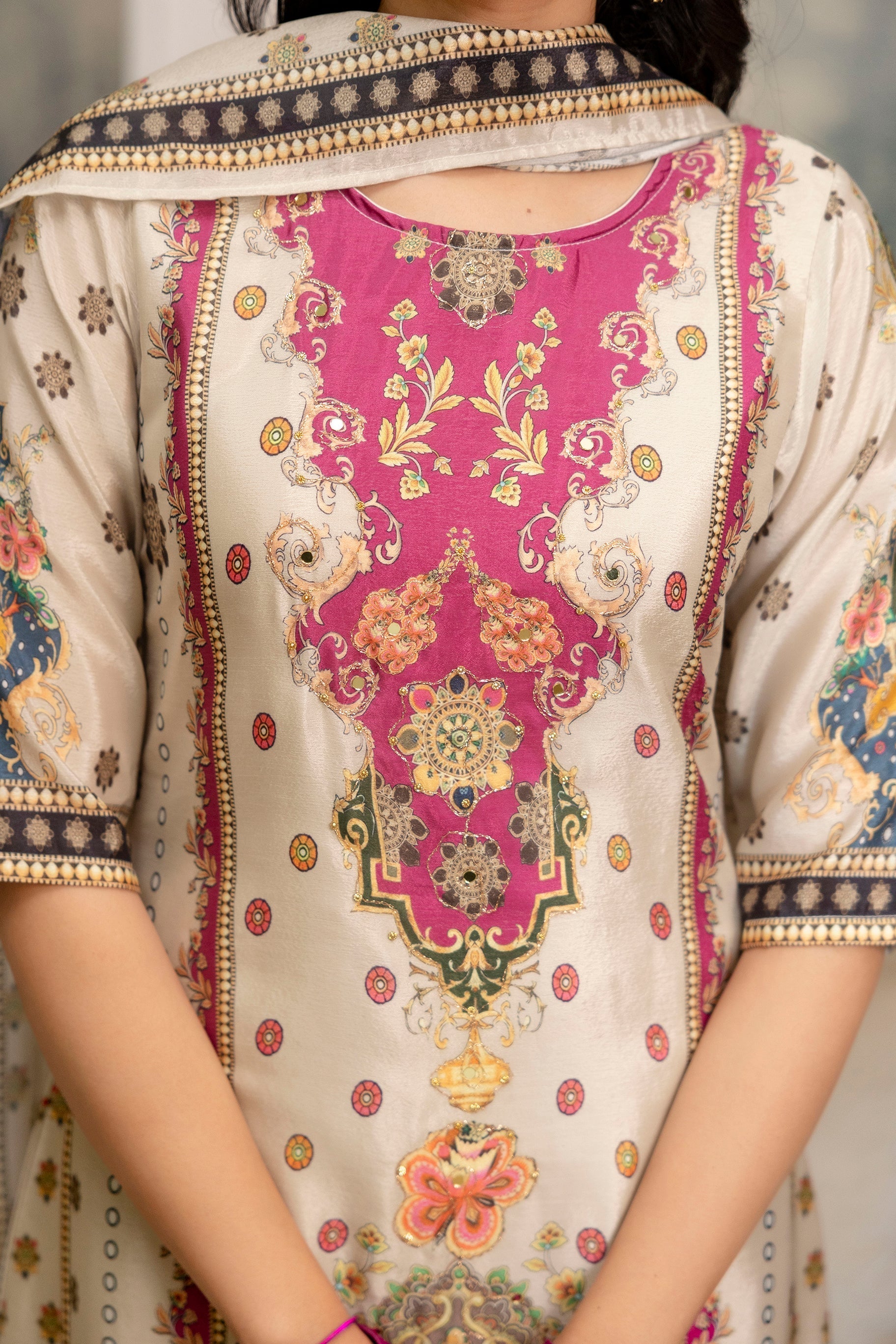 Embroidered & Printed Kurta With Palazzo & Printed Dupatta, White - Hiral Fashion | Grocsy