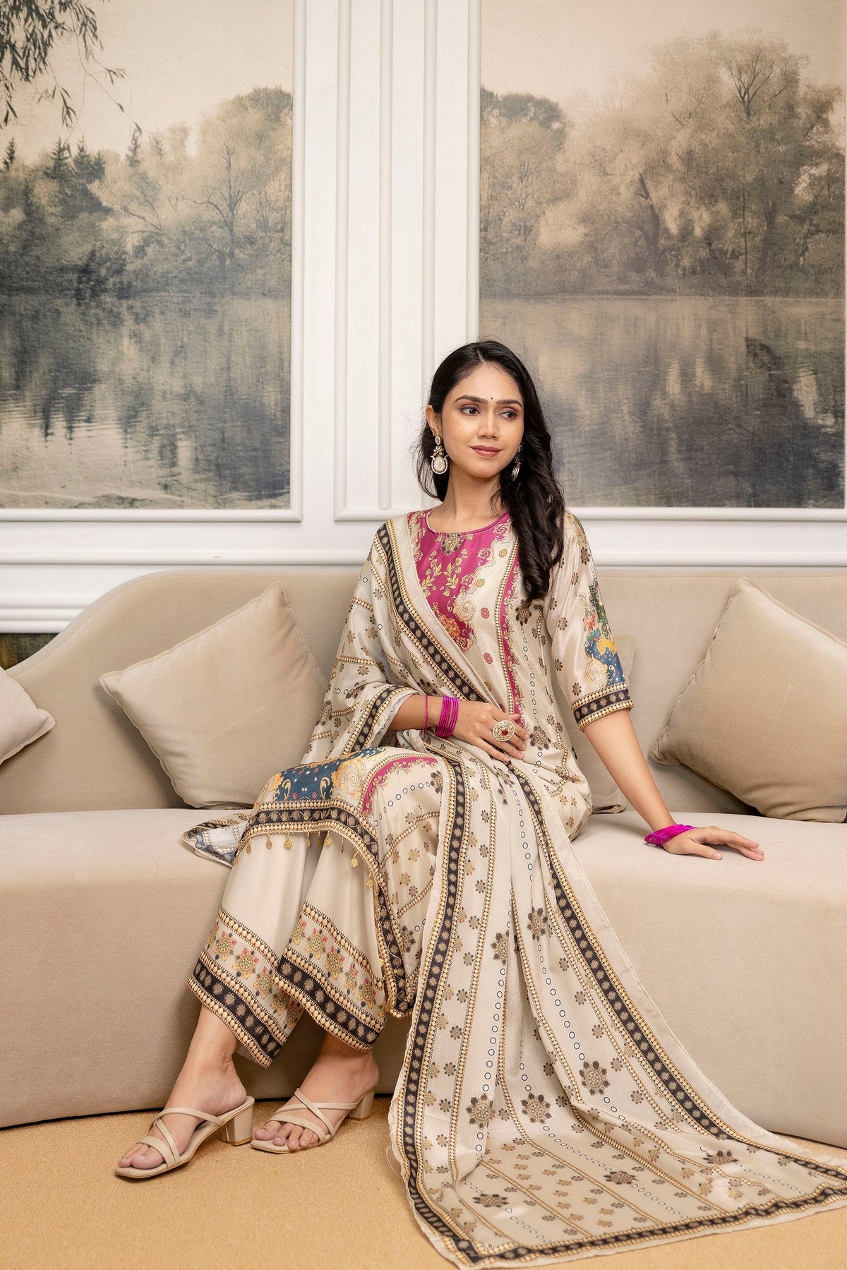 Embroidered & Printed Kurta With Palazzo & Printed Dupatta, White - Hiral Fashion | Grocsy