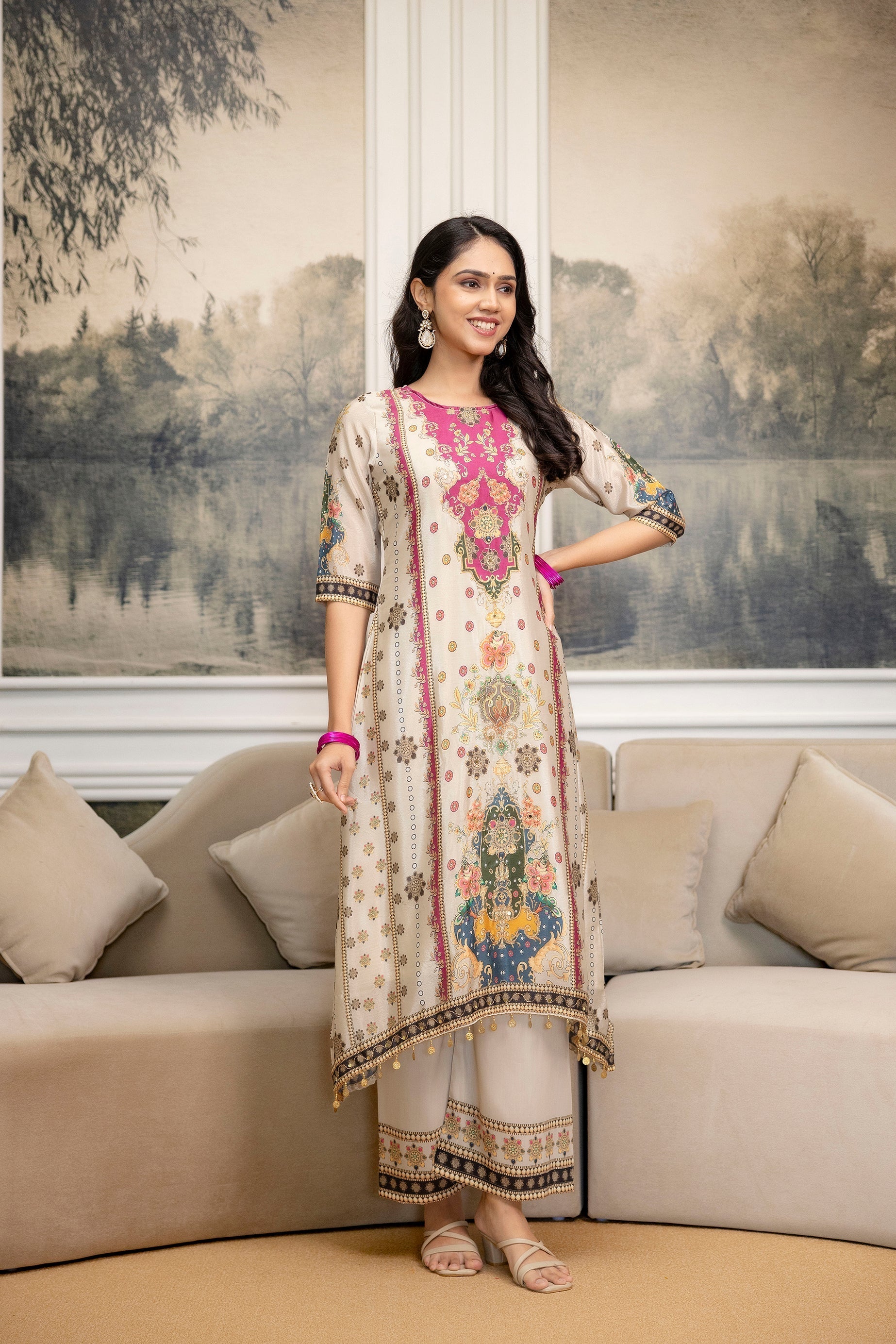 Embroidered & Printed Kurta With Palazzo & Printed Dupatta, White - Hiral Fashion | Grocsy