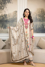 Embroidered & Printed Kurta With Palazzo & Printed Dupatta, White - Hiral Fashion | Grocsy