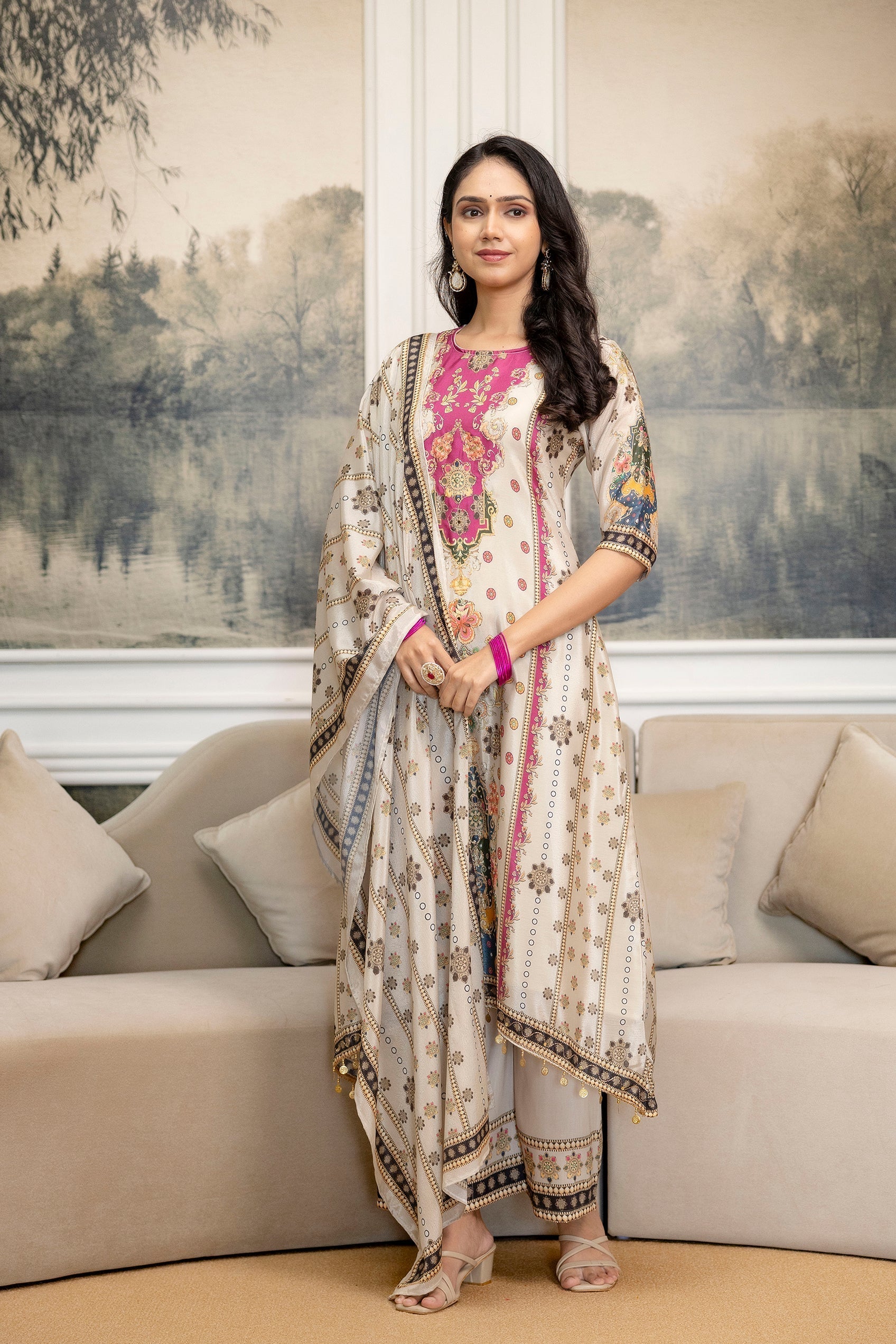 Embroidered & Printed Kurta With Palazzo & Printed Dupatta, White - Hiral Fashion | Grocsy