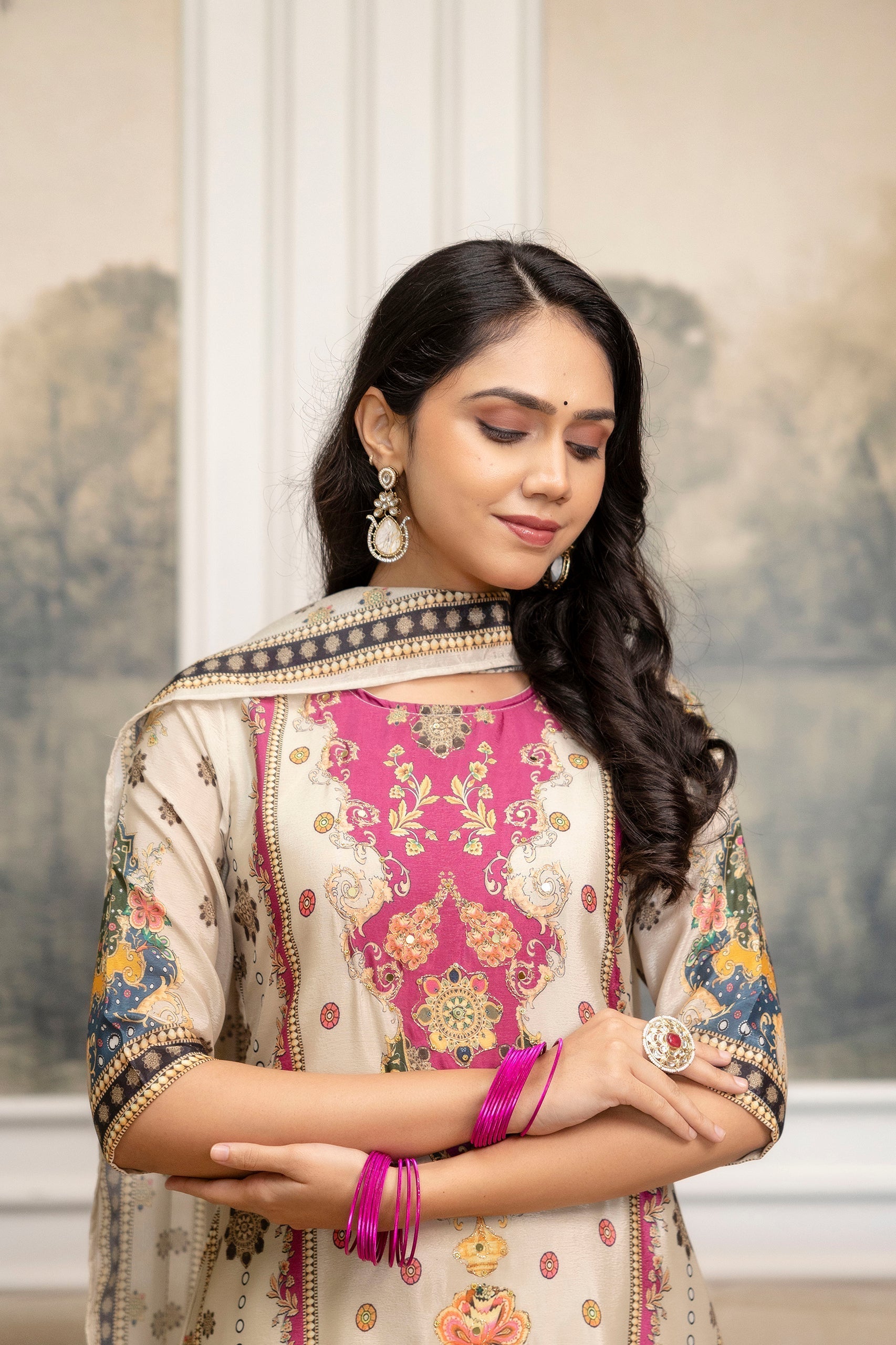 Embroidered & Printed Kurta With Palazzo & Printed Dupatta, White - Hiral Fashion | Grocsy