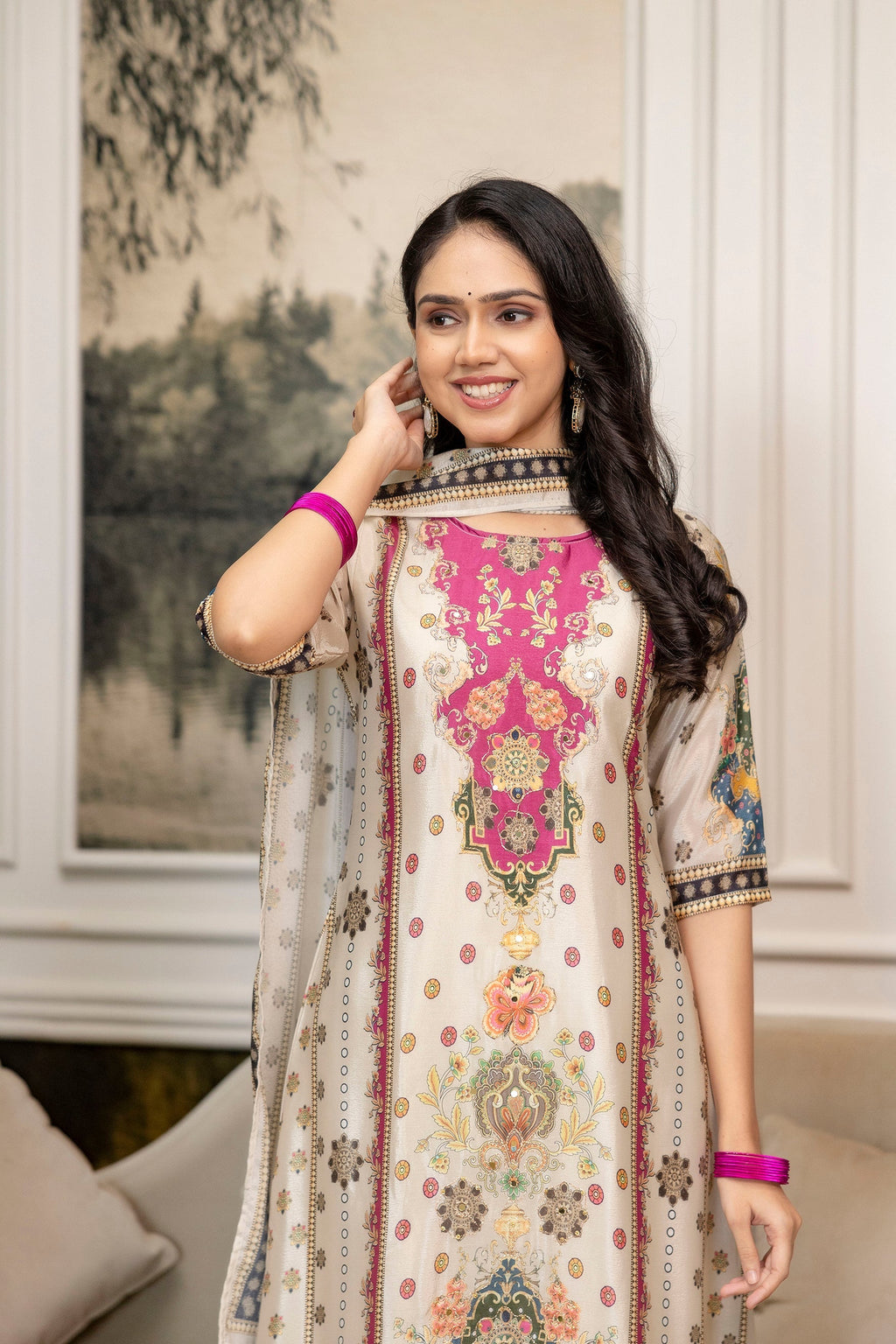 Embroidered & Printed Kurta With Palazzo & Printed Dupatta, White - Hiral Fashion | Grocsy